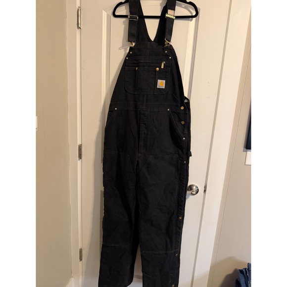 Carhartt Mens Black Quilt Lined Duck Bib Overalls R03 BLK 40x34 Double Knee